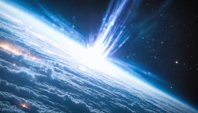 A bright flash of something hitting the earths athmosphere.