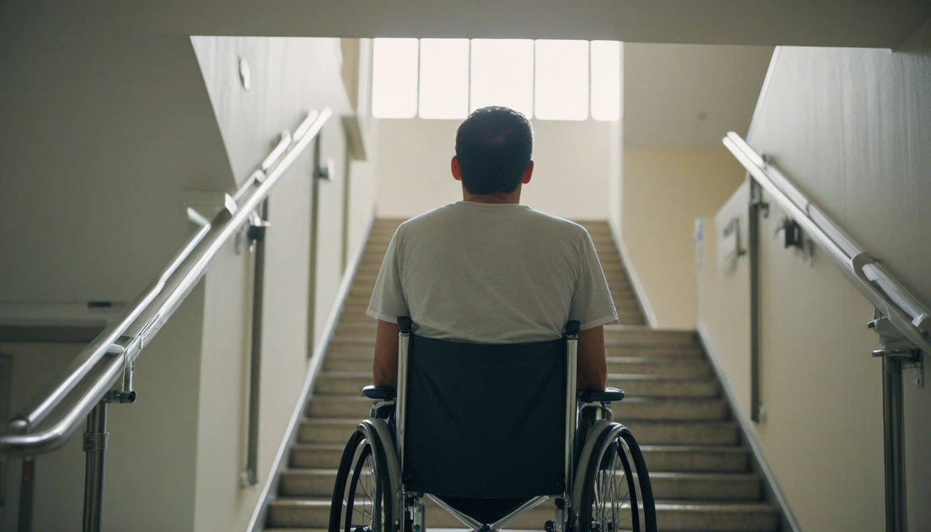 A man in a wheelchair halfway on a stairway