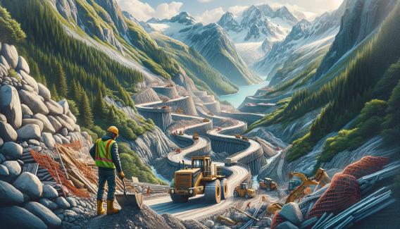 A road builder in the mountains showing a long curvy road towards a lake.