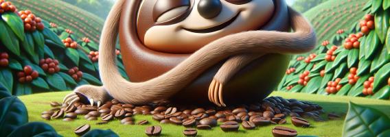 A coffee bean in the shape of a giant sloth, surrounded by coffee beans.